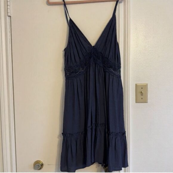 NWOT Shein Navy Crochet Lace Insert Waist Ruffle Hem Cami Dress - Picture 6 of 8